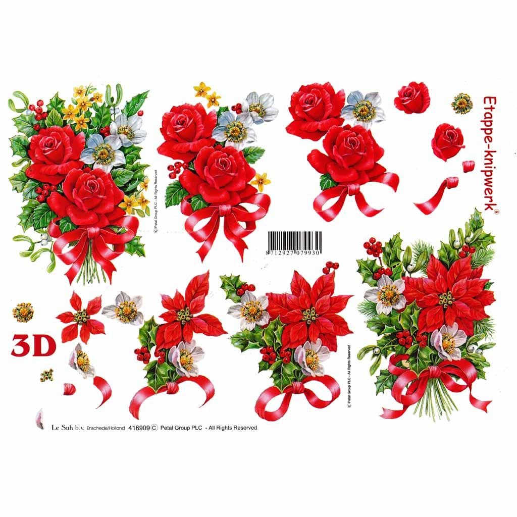 Christmas Roses & Flower Bouquets and Ribbon Designs 3d Decoupage Craft Sheet