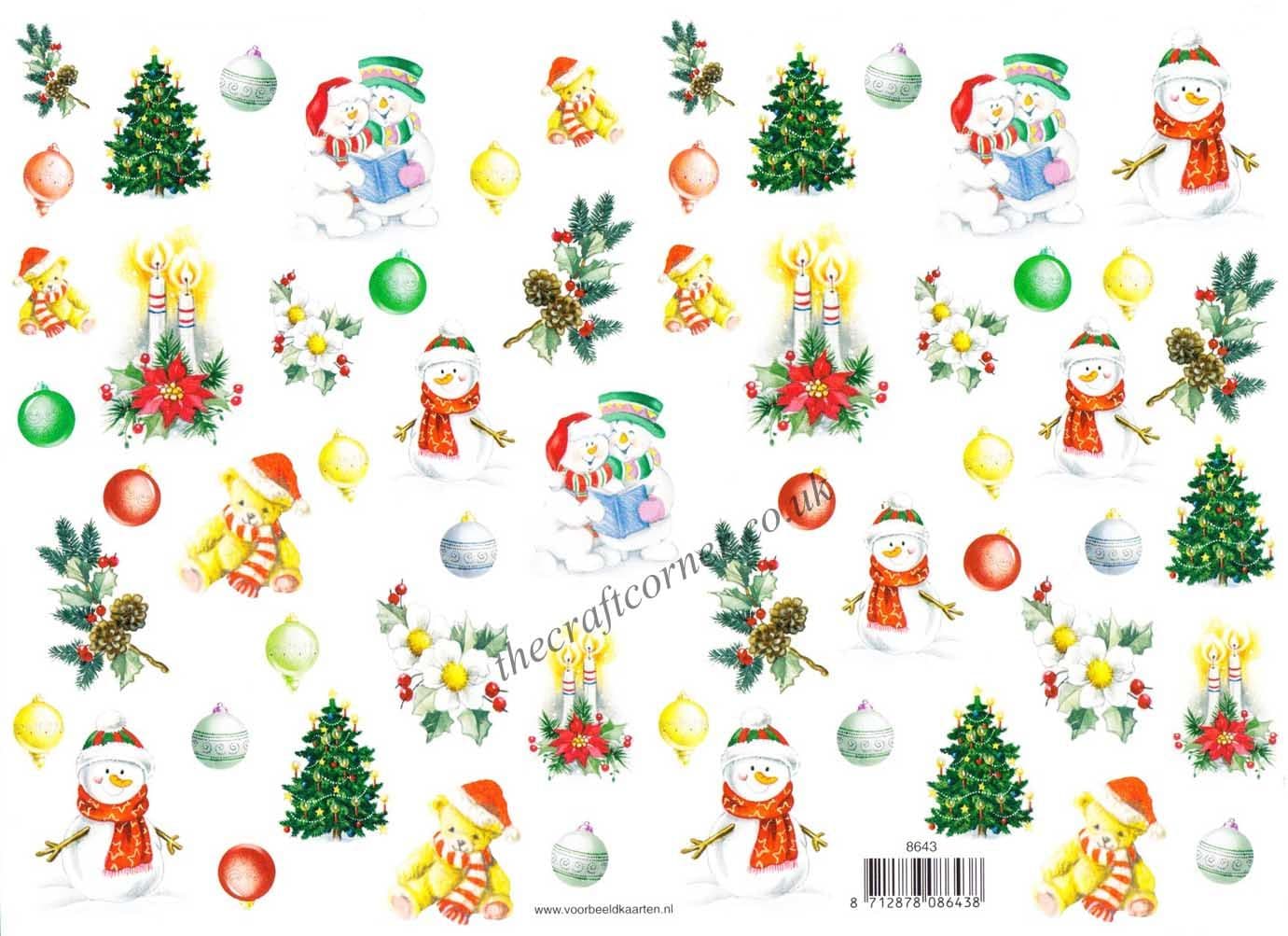 Christmas Snowman, Teddy Bear, Tree and Floral  Designs Decoupage Sheet