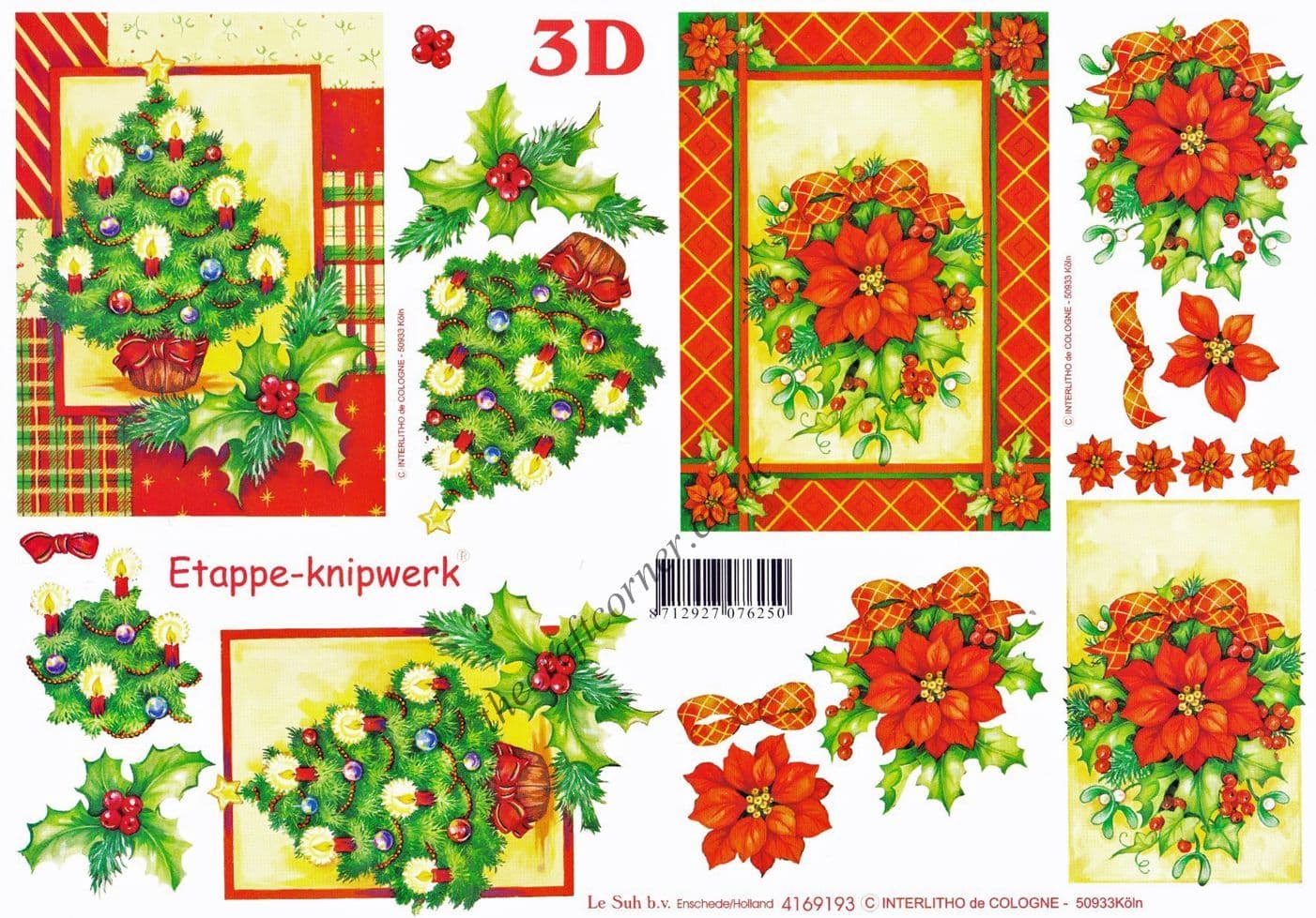 Christmas Tree & Poinsettia Flower Designs 3d Decoupage Sheet