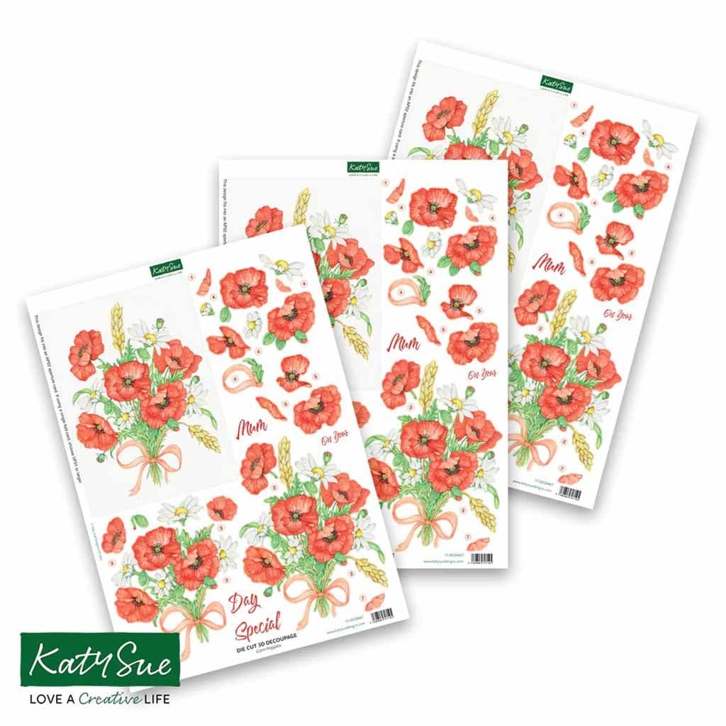 Corn Poppies 3pk Die Cut 3d Decoupage Craft Sheets by Katy Sue