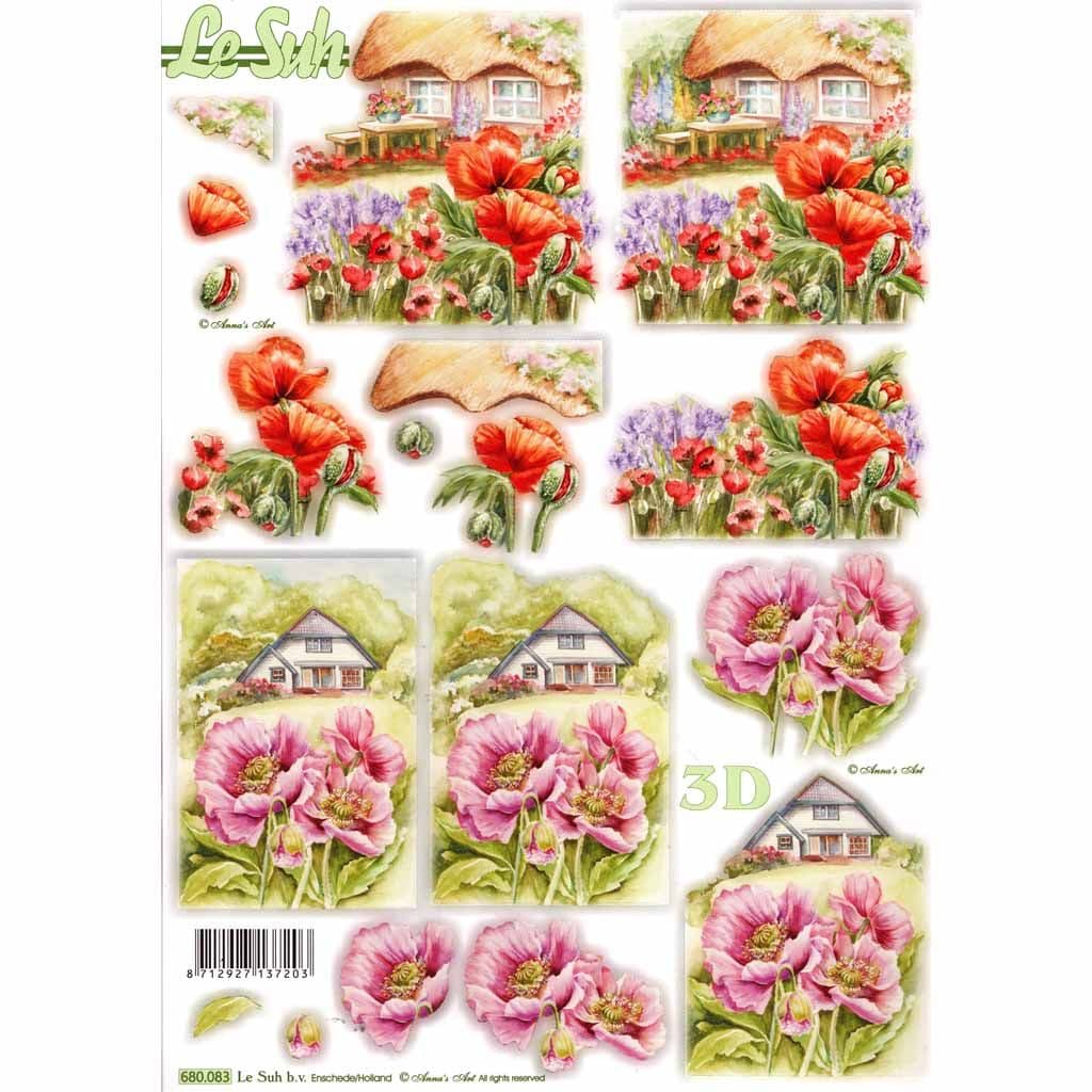 Cottages With Poppy Designs Die Cut 3d Decoupage Sheet From Le Suh