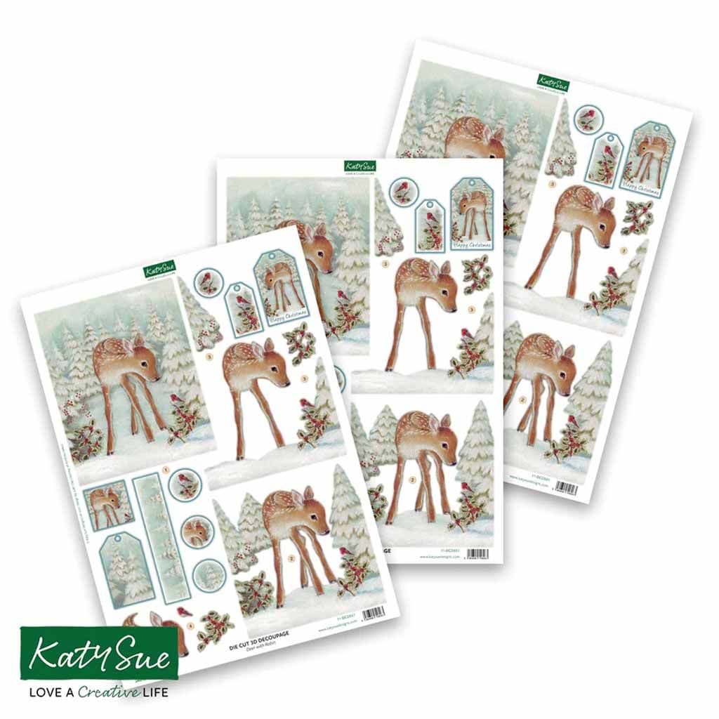 Deer With Robin 3pk Die Cut 3d Decoupage Craft Sheets by Katy Sue