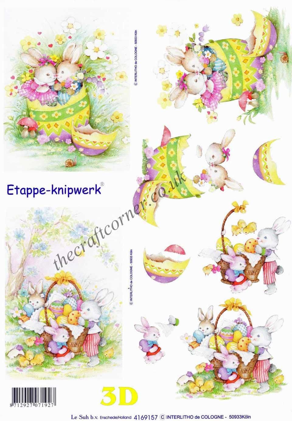 Easter Bunnies Snuggling In An Egg & Packing A Basket of Eggs 3d Decoupage Sheet from Le Suh