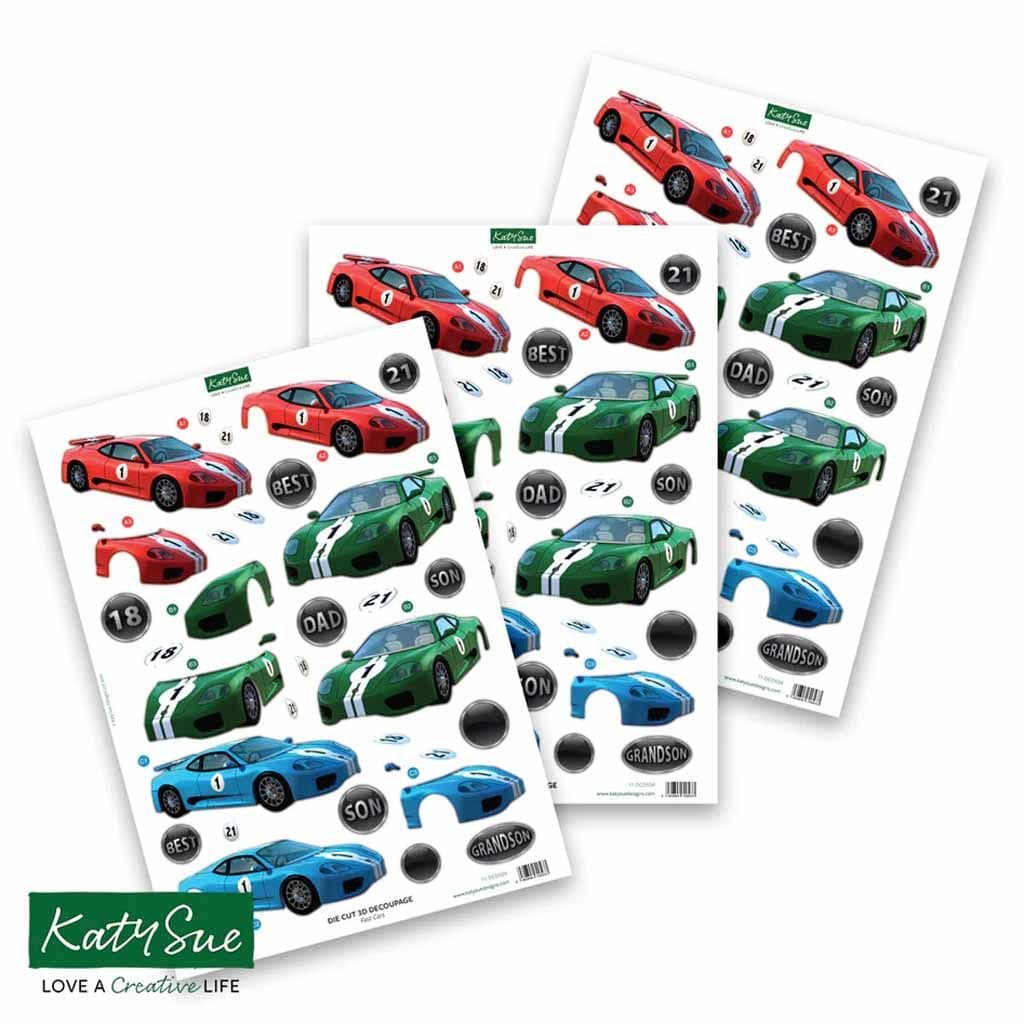 Fast Cars 3pk Die Cut 3d Decoupage Craft Sheets by Katy Sue