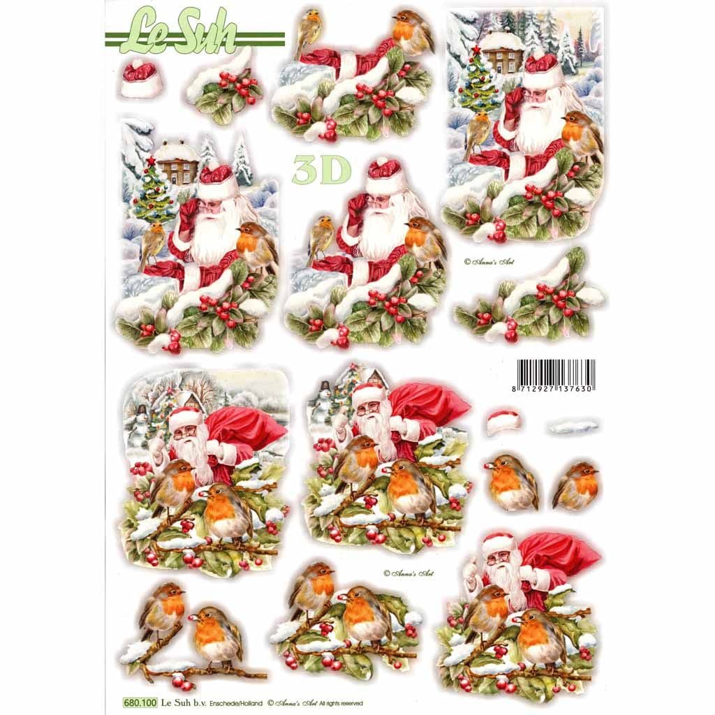 Father Christmas & Robins Die Cut 3d Decoupage Sheet From Le Suh - NO CUTTING