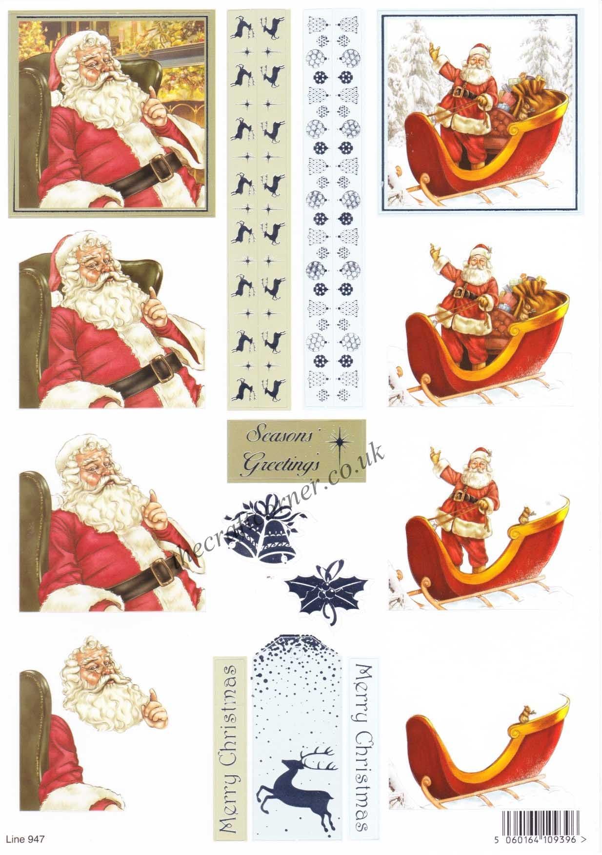 Father Christmas & Sleigh with Foil Accents Die Cut 3d Decoupage Sheet