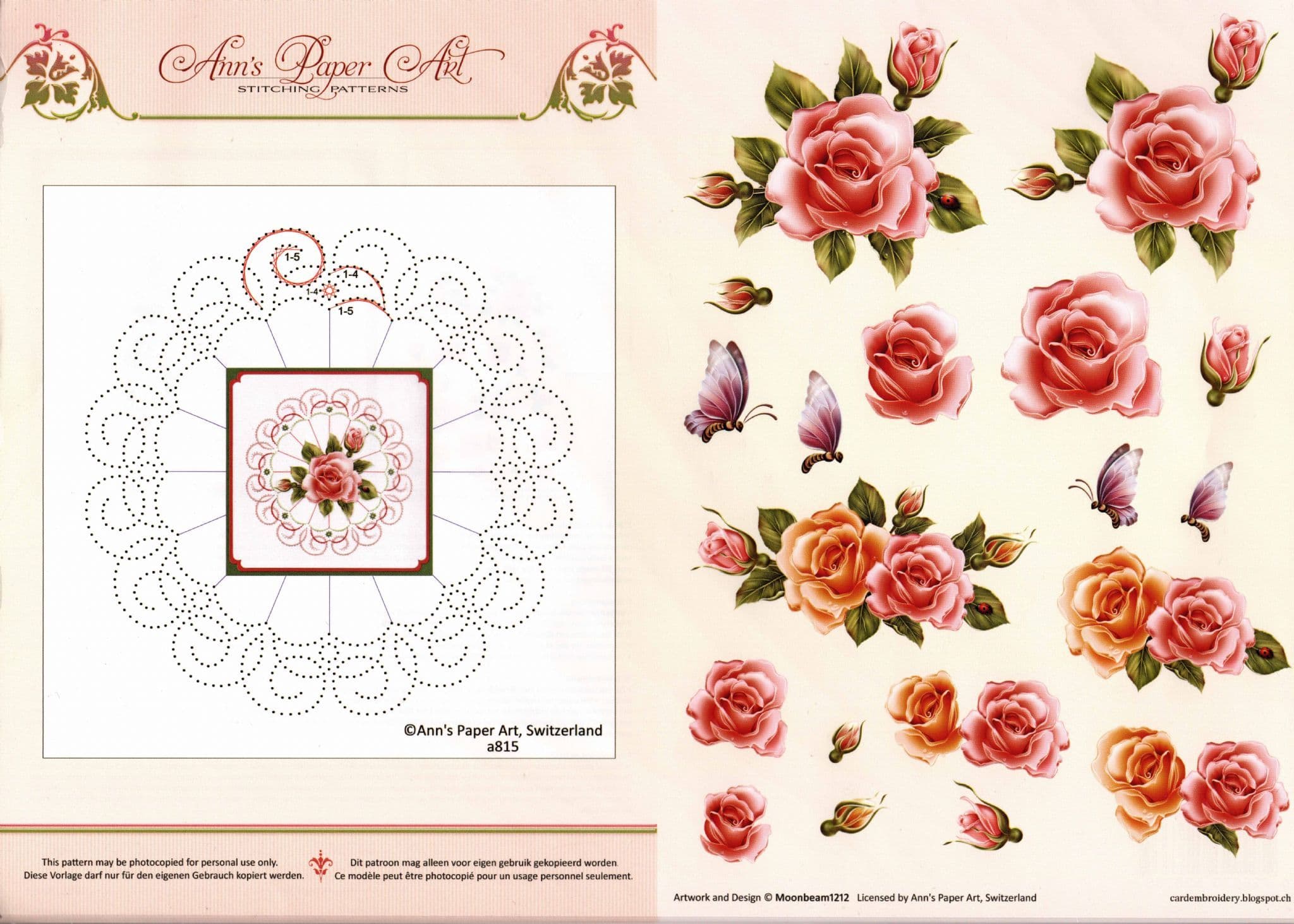 Flower Border Embroidery On Paper with Pink Rose Flowers 3d Decoupage Sheet