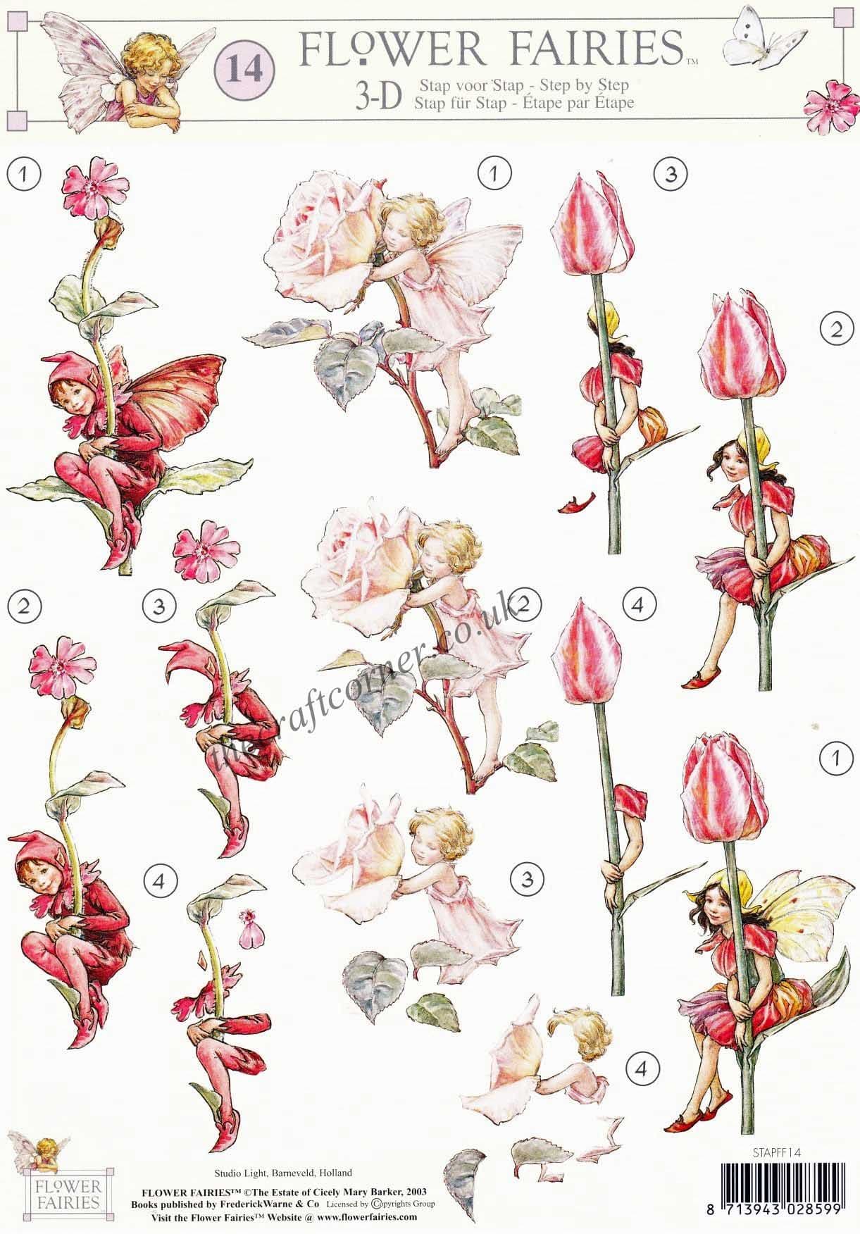 Flower Fairy 14 Tulip, Rose & Red Campion Flower Fairies by Cicely Mary Barker 3d Decoupage Sheet