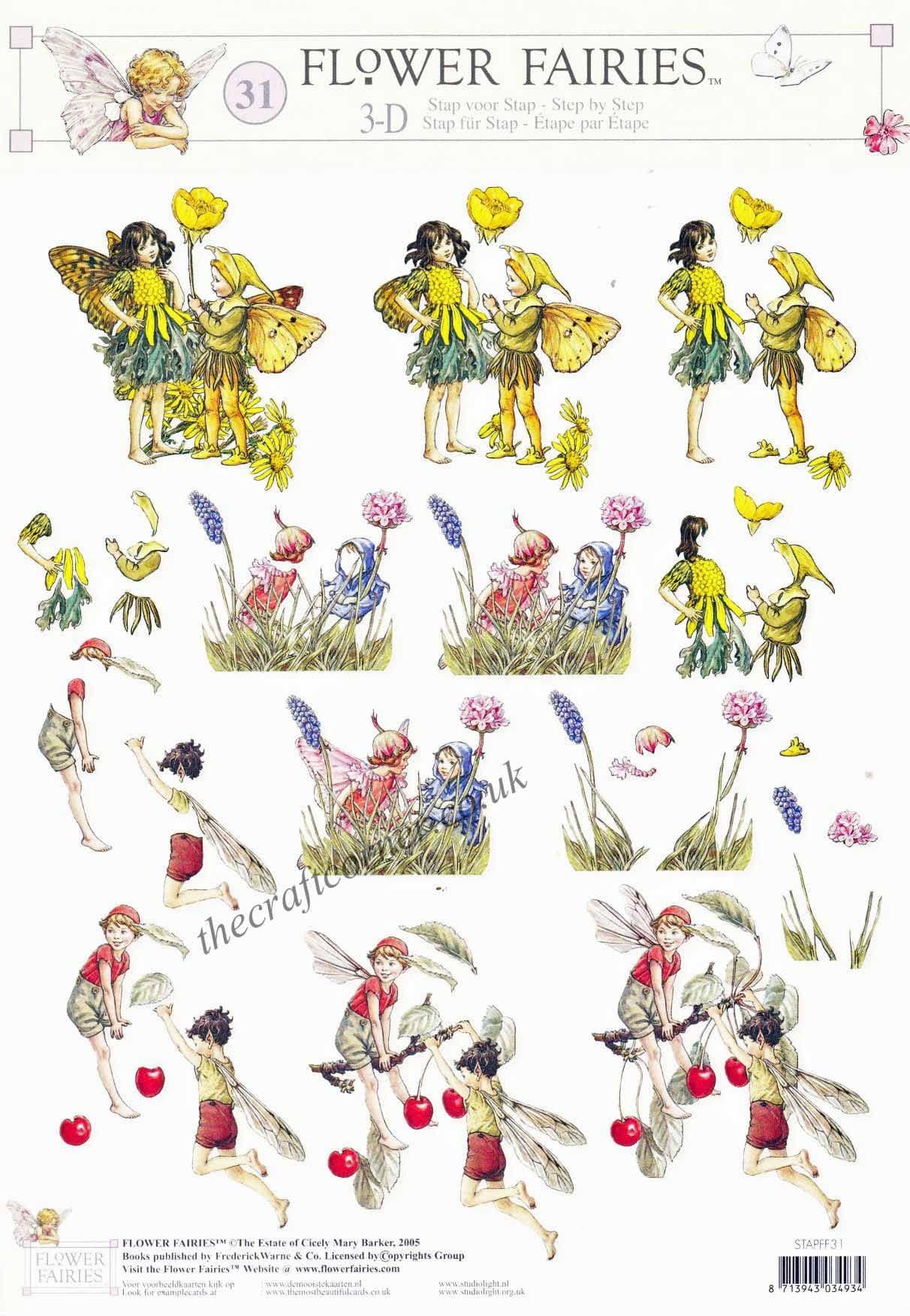 Flower Fairy 31 Cherry Tree, Grape Hyacinth & Buttercup by Cicely Mary Barker 3d Decoupage Sheet