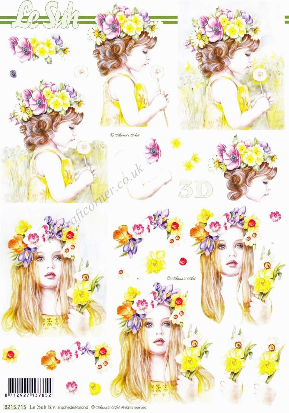 Girls With Daffodil Flowers In Their Hair 3D Decoupage Sheet From Le Suh