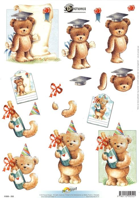 Graduation Teddy Bear 3d Decoupage Paper Craft Sheet