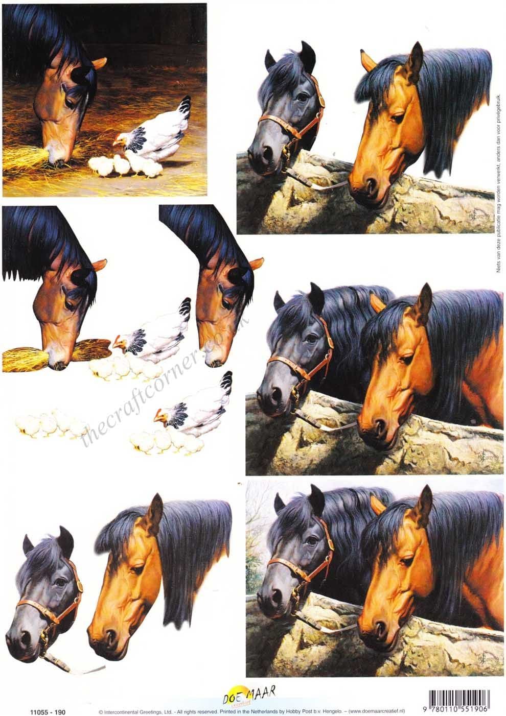 Horses Peering Over A Wall & Feeding With A Chicken 3d Decoupage Sheet