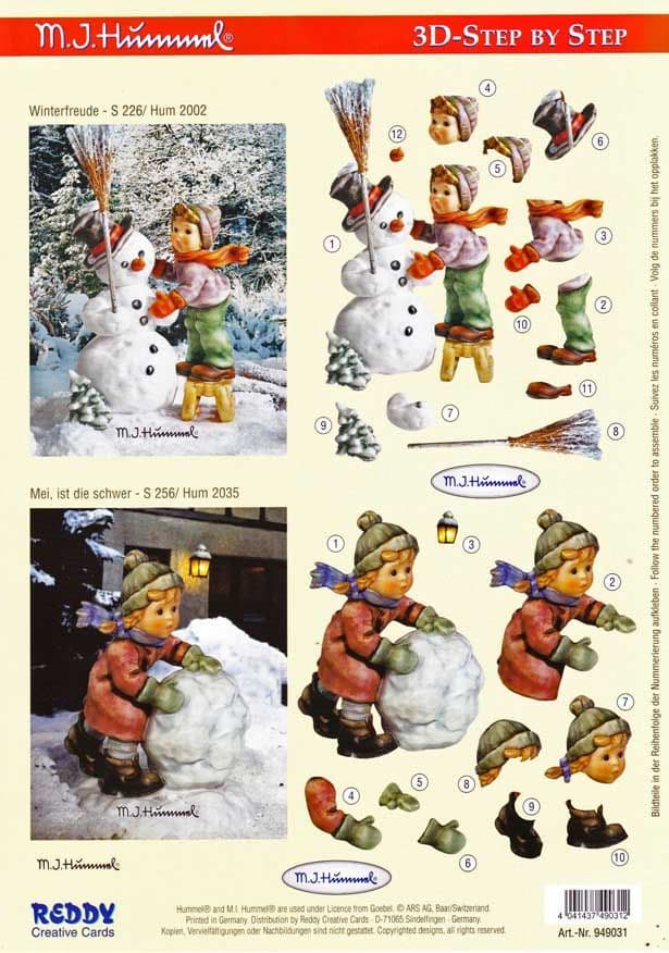 Hummel Children Building A Snowman  3d Decoupage Sheet by Reddy