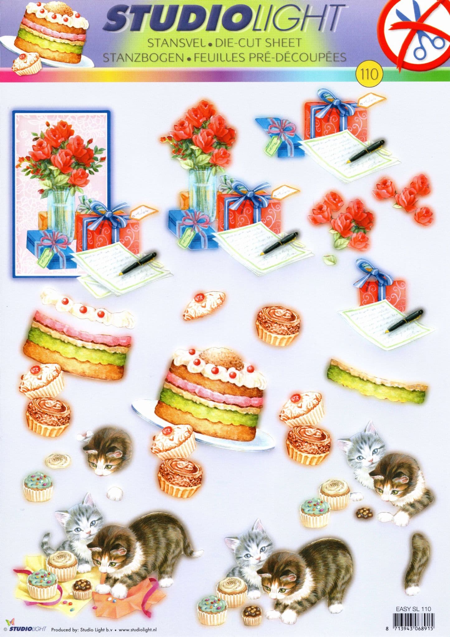 Kitten & Cake Celebrations 3D Decoupage Die Cut Sheet - No Cutting Required