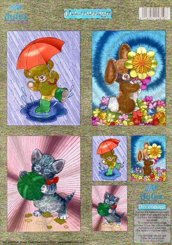 Kitten, Teddy Bear & Bunny Twin Pack 3d Die Cut Decoupage Sheet From Dufex