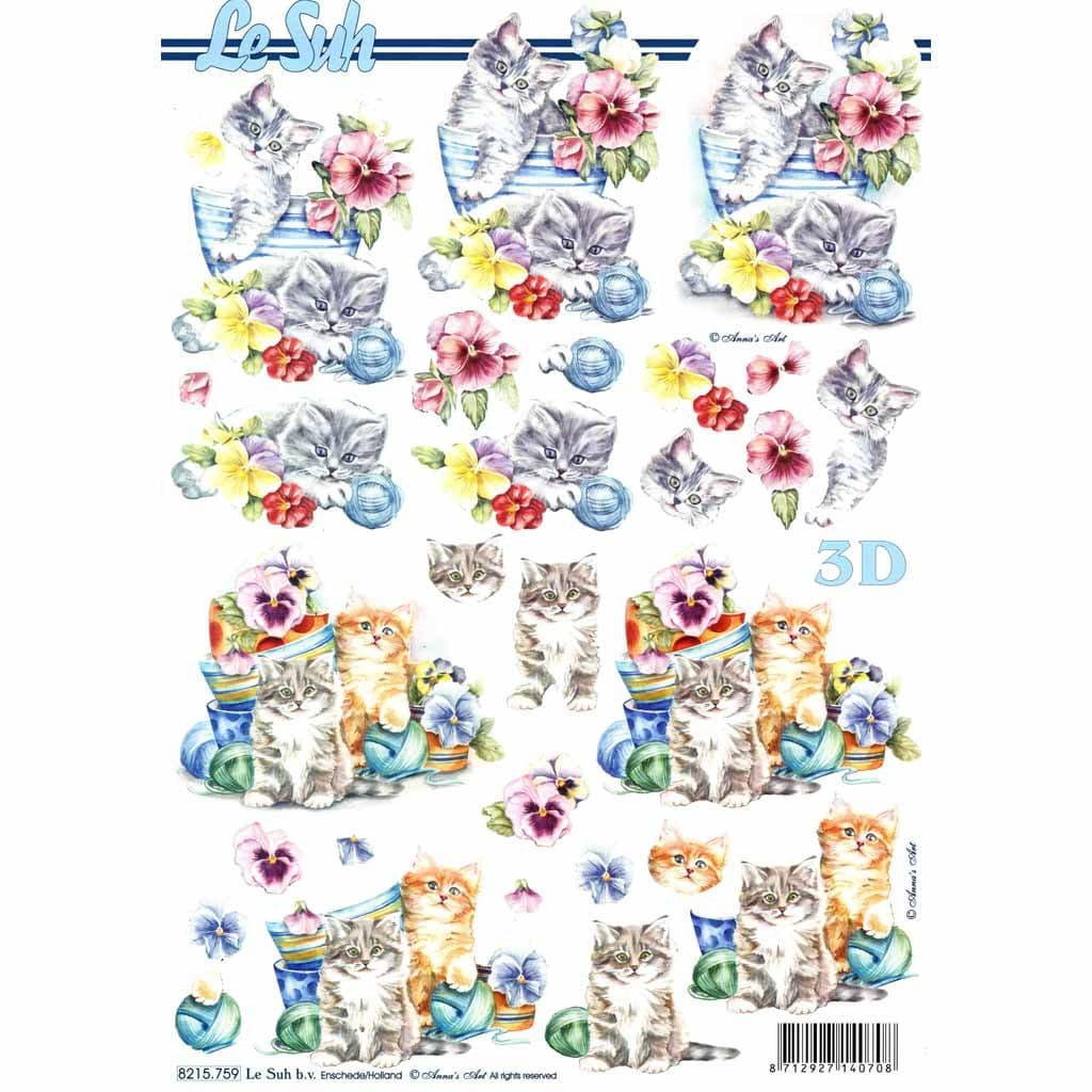 Kittens & Garden Pots of Pansy Flowers 3D Decoupage Sheet From Le Suh