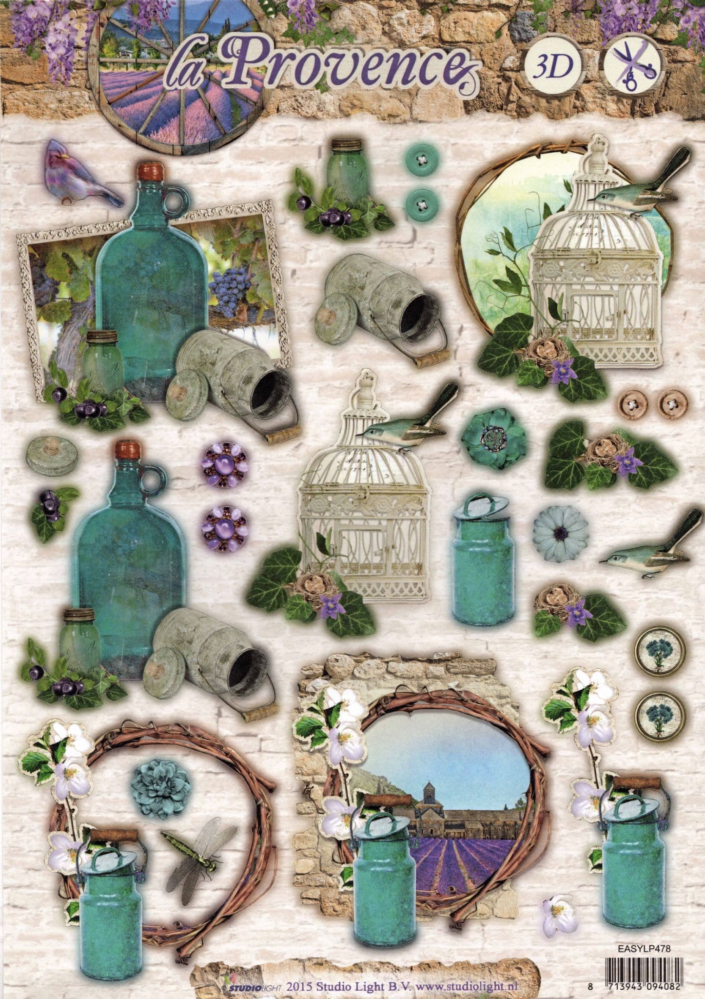 La Provence Green Bottle & Field of Lavender #478 Die Cut 3d Decoupage Sheet From Studio Light