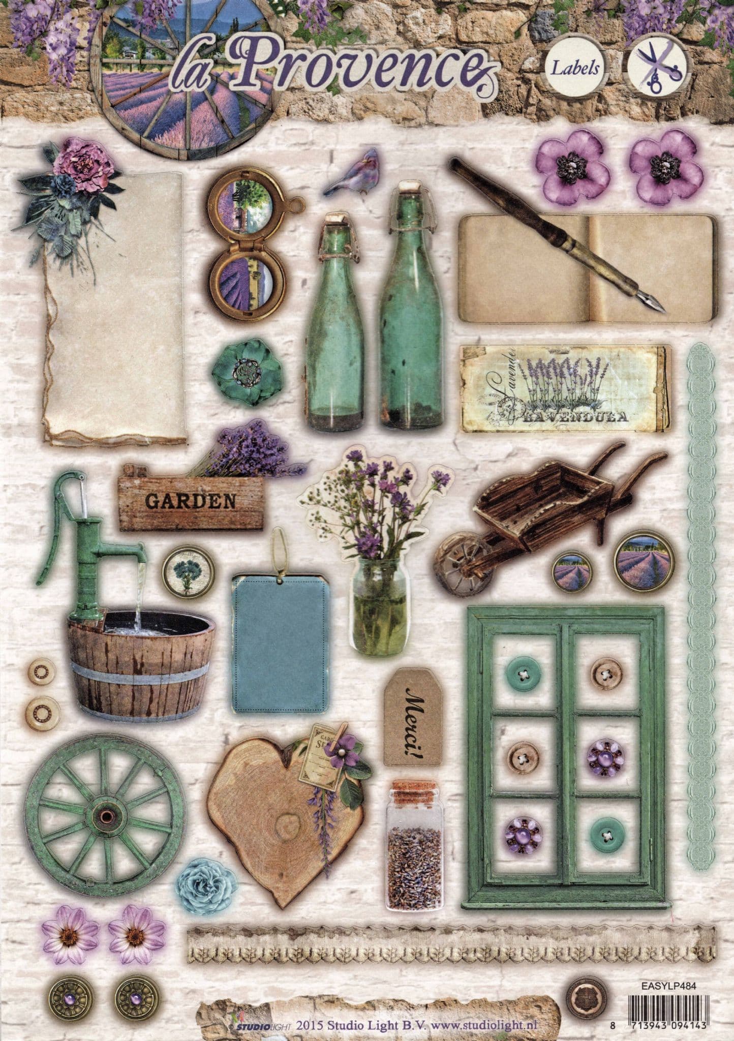 La Provence Wheelbarrow & Buttons #484 Die Cut Embellishment Sheet From Studio Light