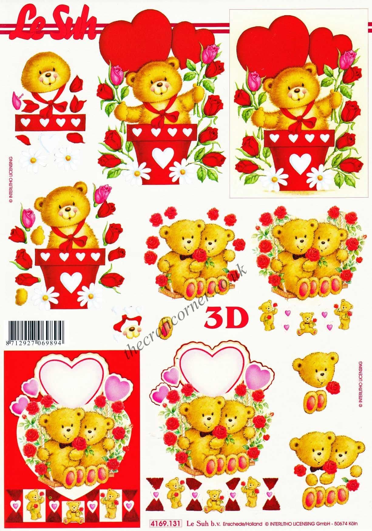 Love Bears With Flowers 3d Decoupage Craft Sheet