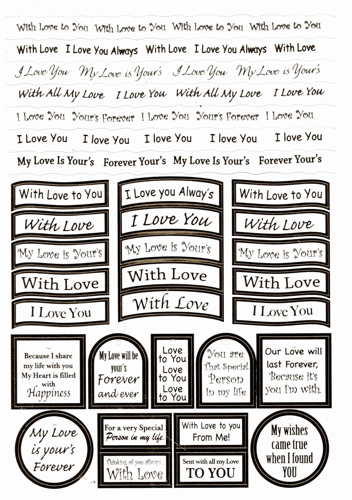 Love Wording Foiled Die Cut Captions Sheet For Paper Crafting