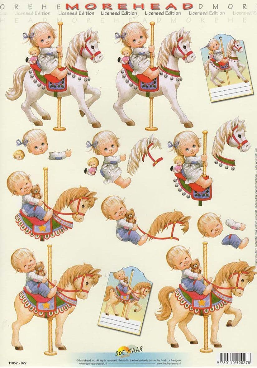 Morehead Boy & Girl Riding a Carousel Horse 3D Decoupage Sheet