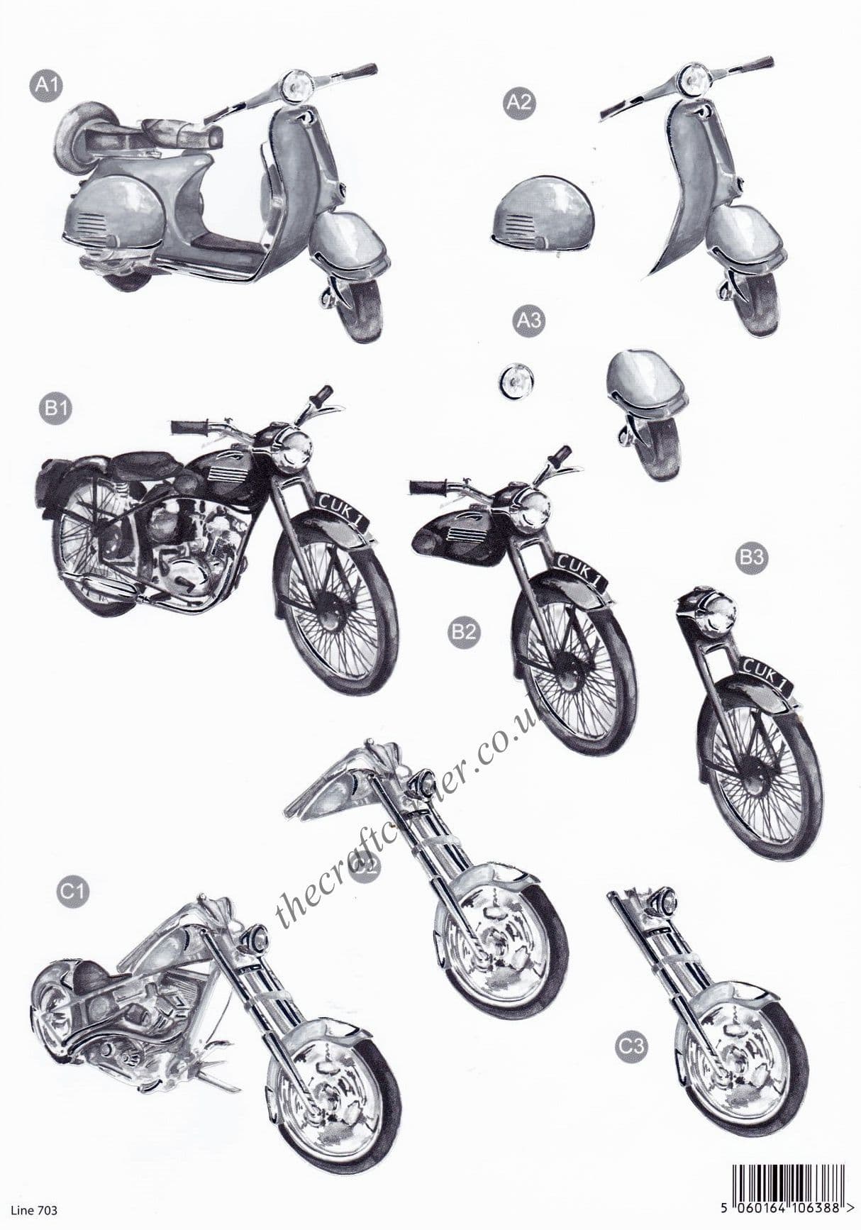 Motorbikes In Monochrome with Foil Accents Die Cut 3d Decoupage Sheet From Craft UK Ltd