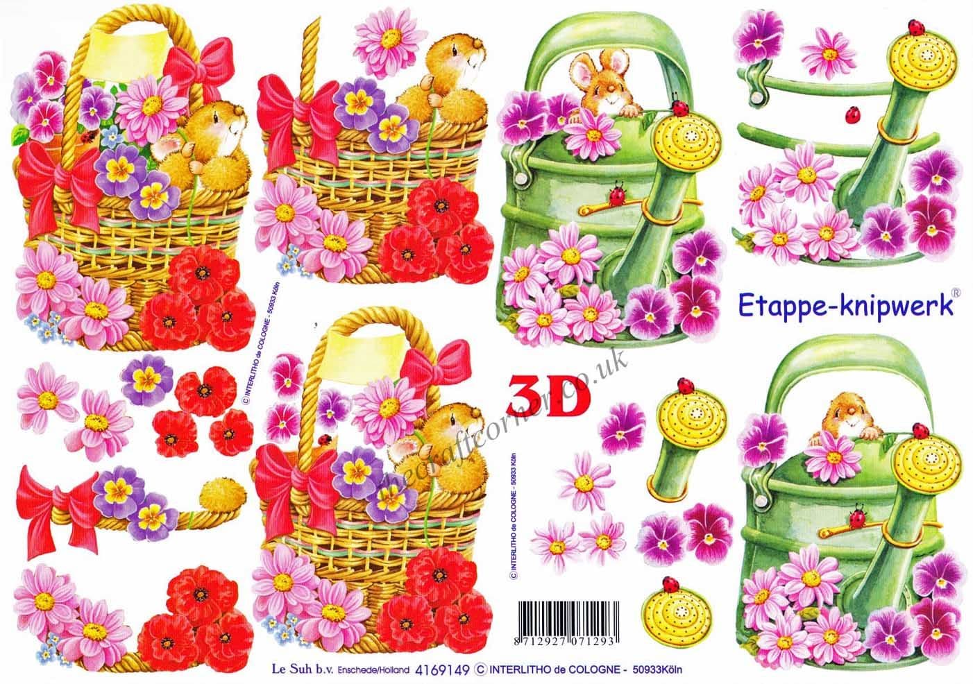 Mouse With Flowers In A Watering Can & A Basket 3d Decoupage Sheet