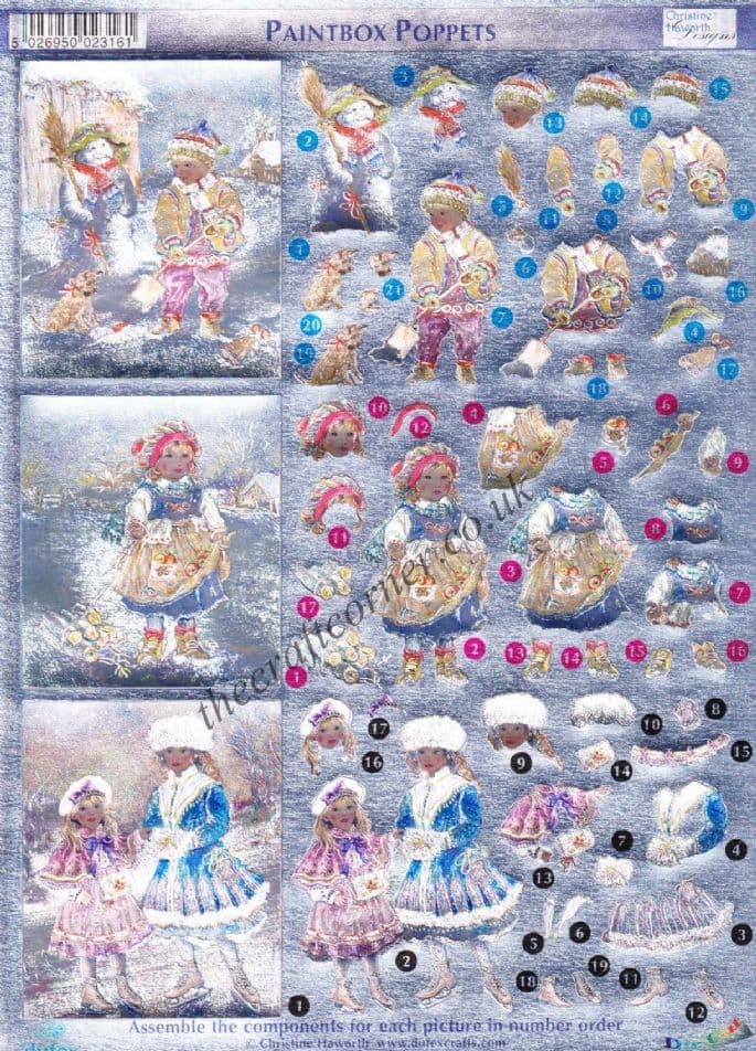 Paintbox Poppets 6 Children Dressed For Winter Die Cut Dufex 3d Decoupage Sheet