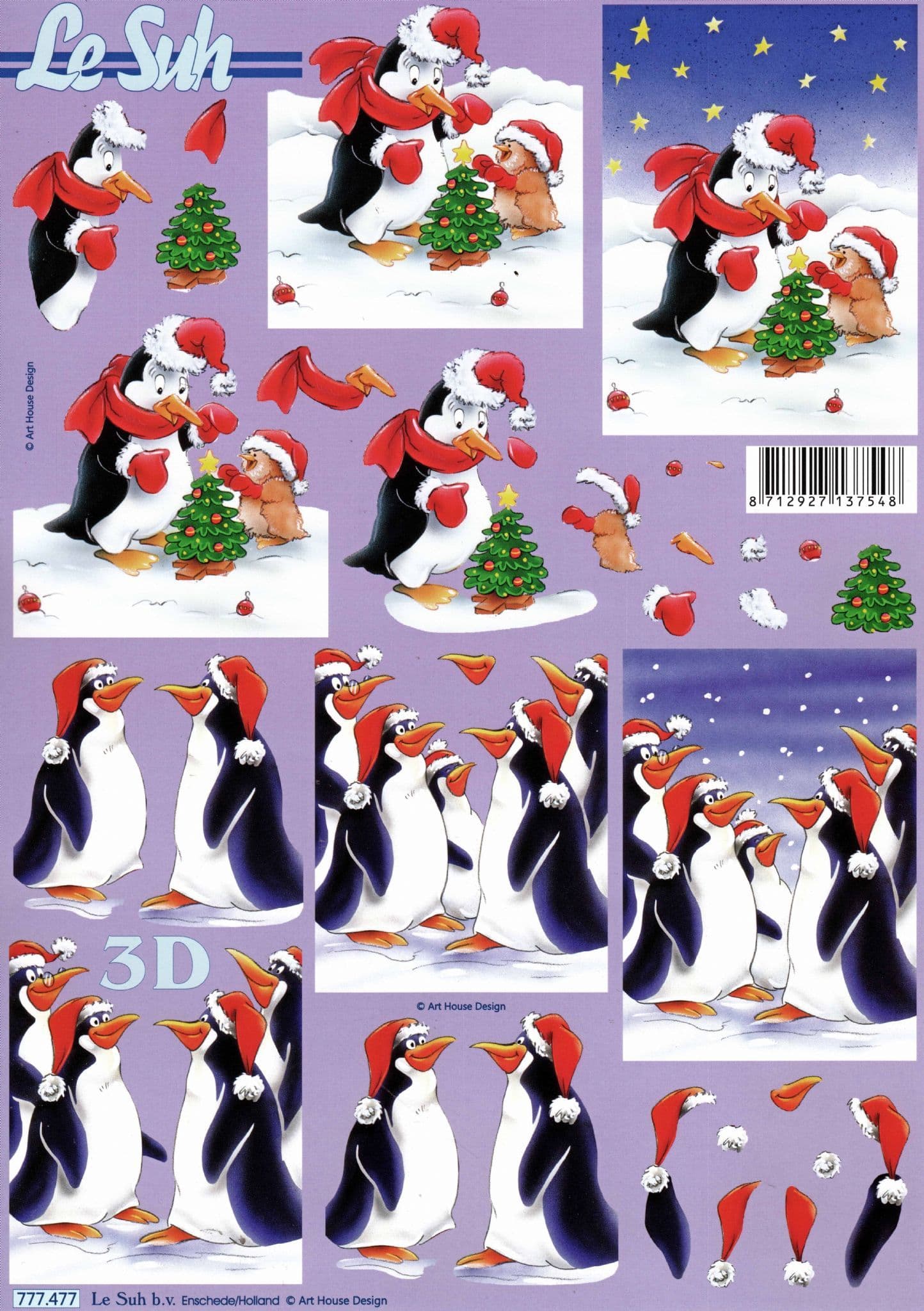 Penguins In Father Christmas Hats Paper Crafting 3d Decoupage Sheet