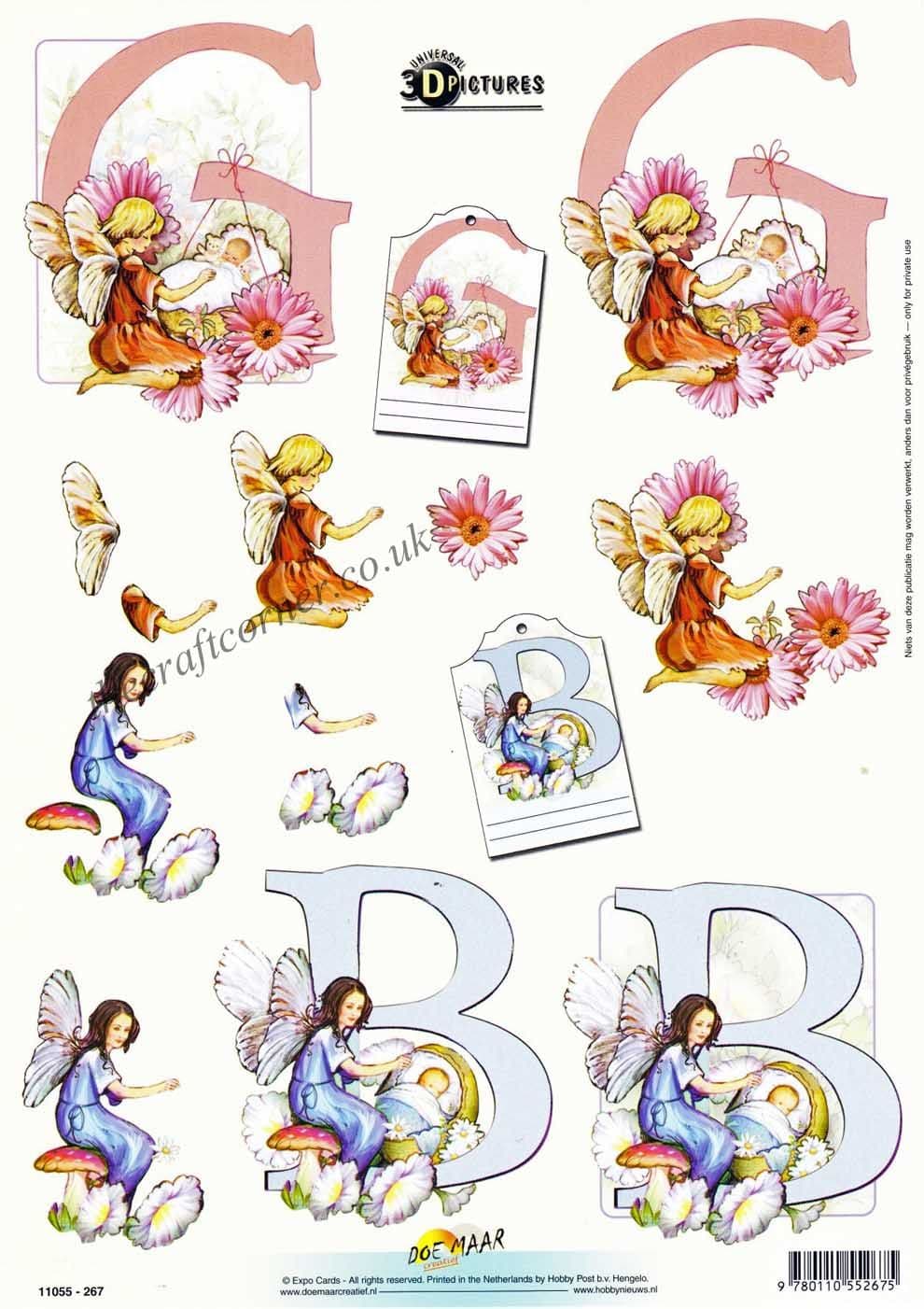 Pink & Blue Fairy, G For A Girl & B For A Boy 3d Decoupage Sheet