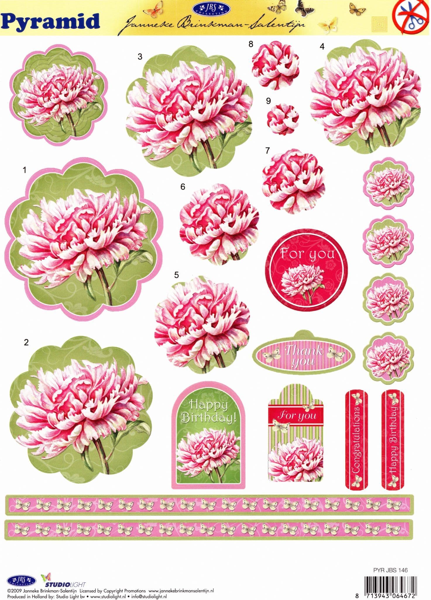 Pink Flower Pyramid Die Cut 3d Decoupage Sheet - No Cutting