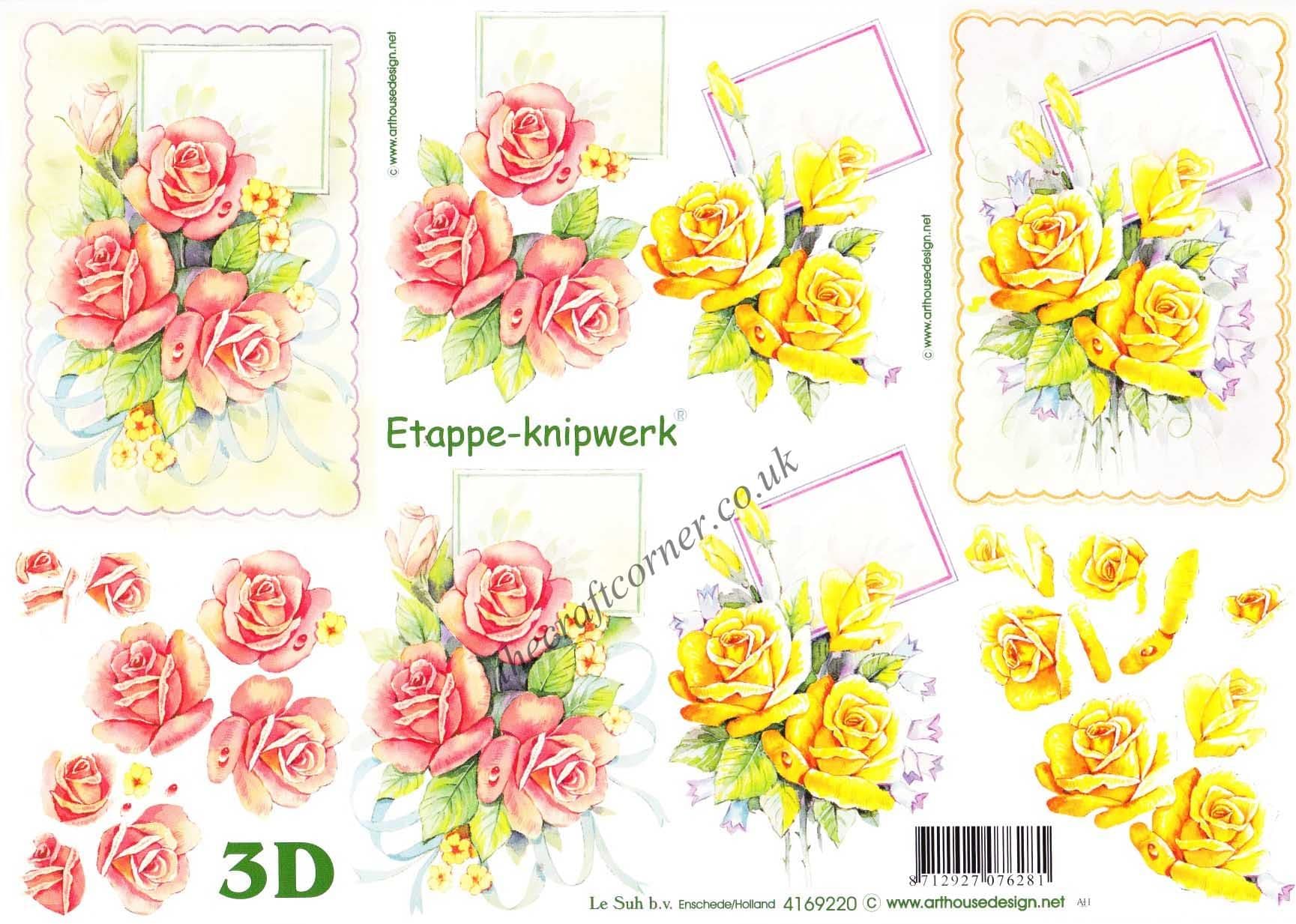 Pink & Yellow Roses with Gift Tag 3d Decoupage Sheet