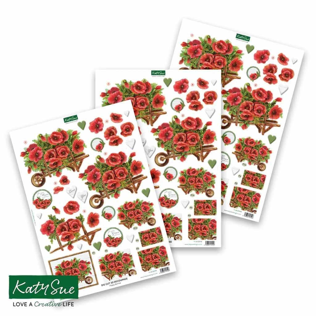 Poppy Barrow 3pk Die Cut 3d Decoupage Craft Sheets by Katy Sue