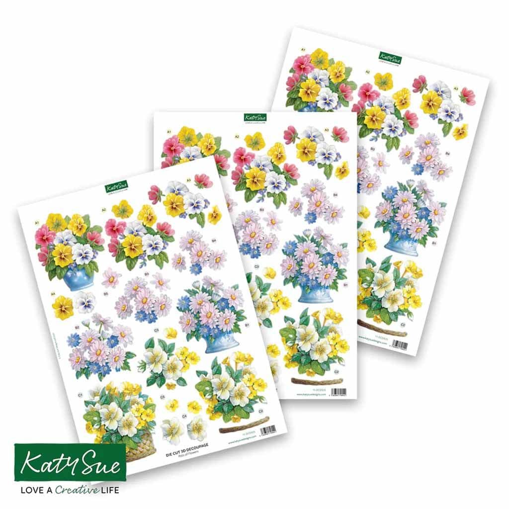 Pots of Flowers 3pk Die Cut 3d Decoupage Craft Sheets by Katy Sue