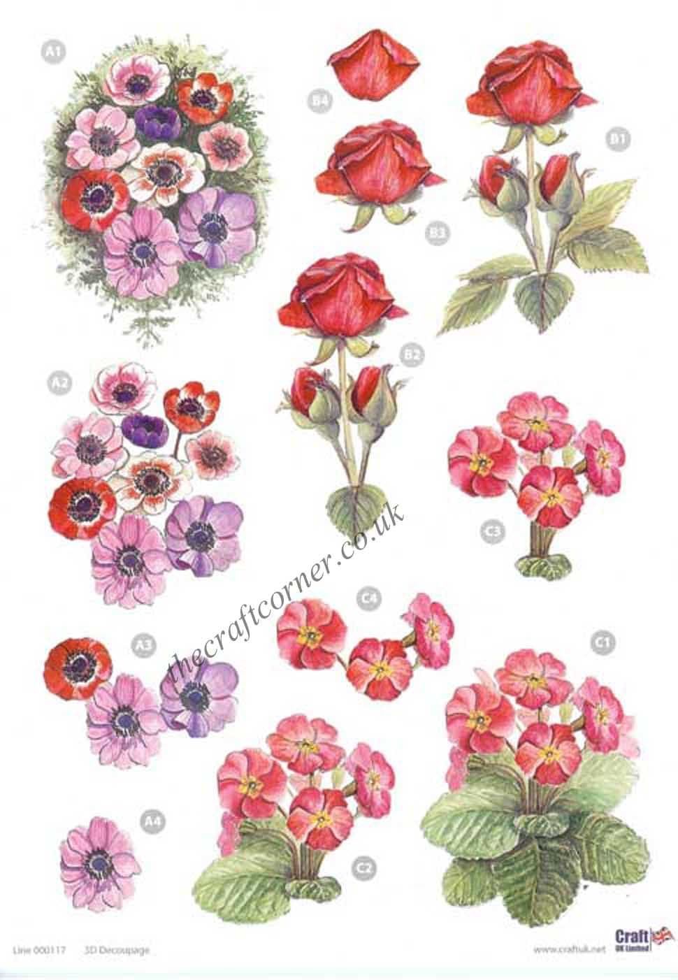 Primrose, Anemone and Rose Flowers Die Cut 3d Decoupage Sheet