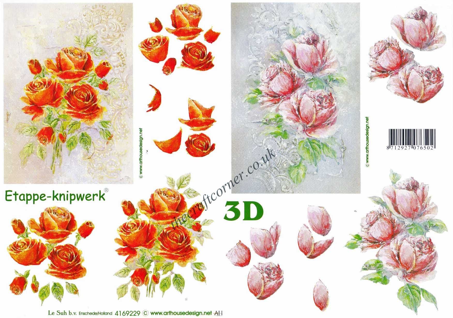 Red & Pink Roses Flowers 3d Decoupage Sheet