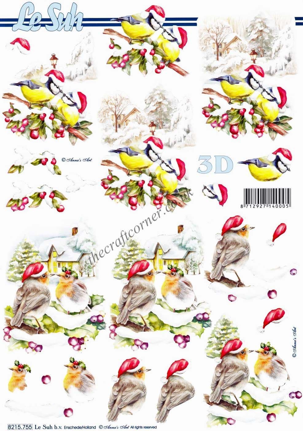 Robin & Blue Tit Wearing Santa Hats 3D Decoupage Sheet From Le Suh