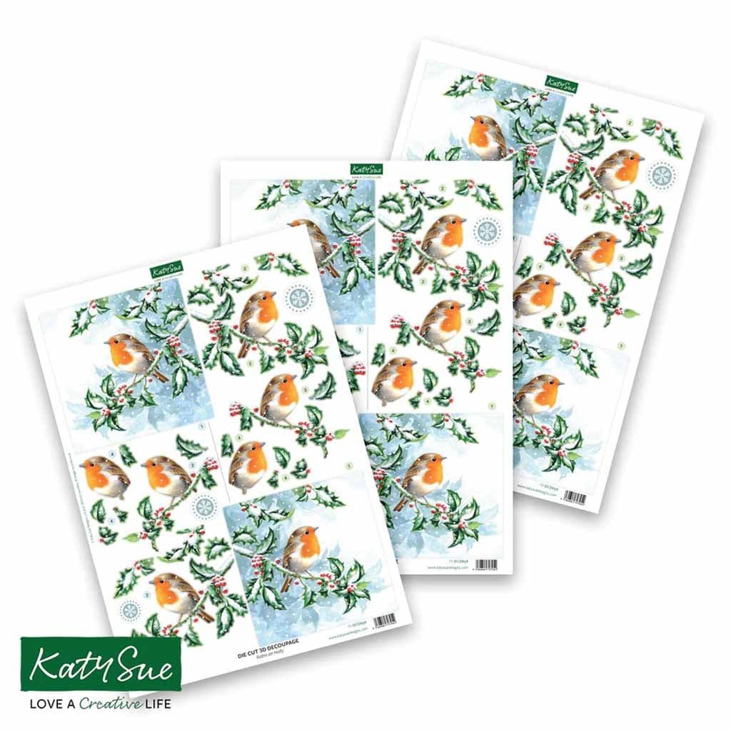 Robin On Holly 3pk Die Cut 3d Decoupage Craft Sheets by Katy Sue