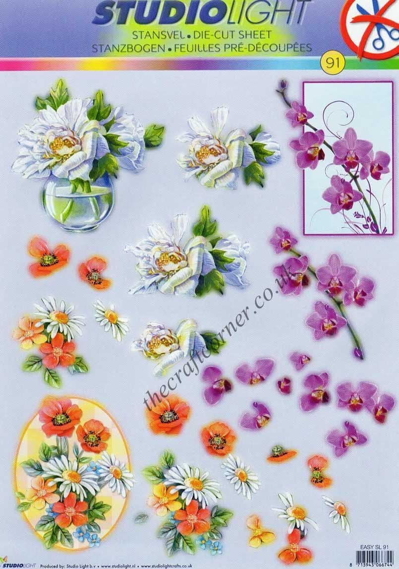 Rose, Orchid & Poppy Bouquet Flowers  Die Cut 3d Decoupage Sheet