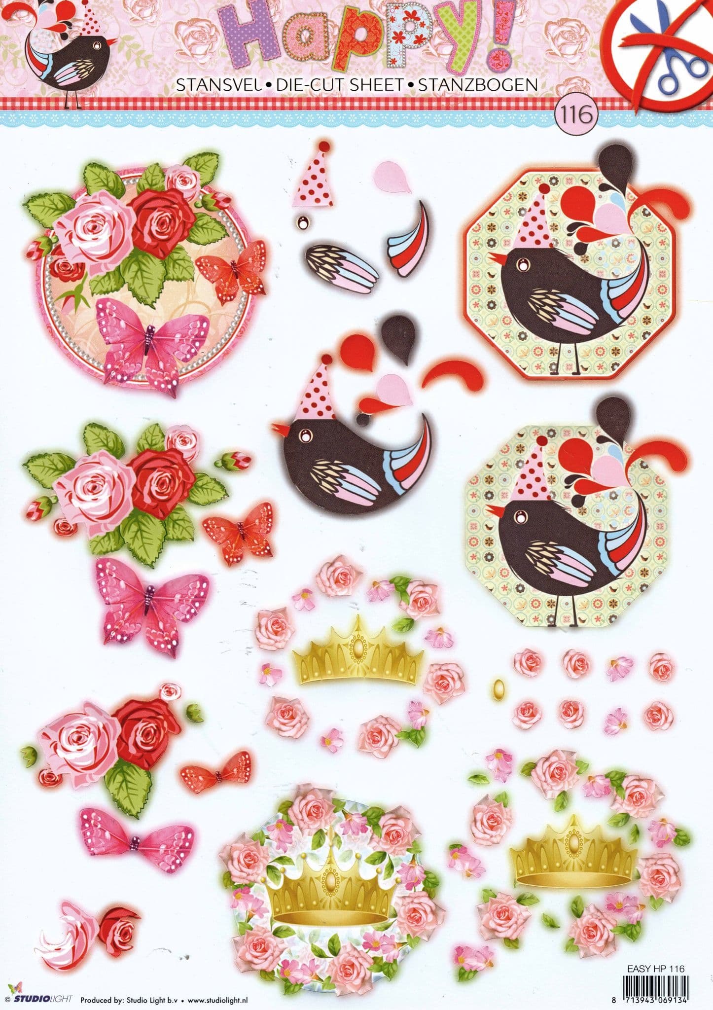 Roses, Bird & Crown Happy Designs Die Cut 3d Decoupage Sheet - NO CUTTING