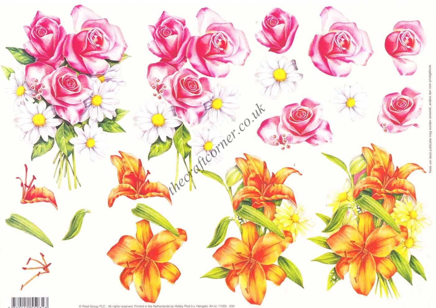 Roses, Daisies & Lilies 3d Decoupage Craft Sheet