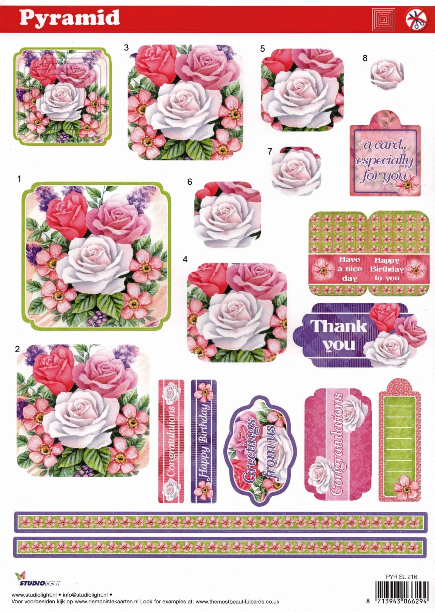 Roses & Greetings Pyramid 3D Decoupage Die Cut Sheet