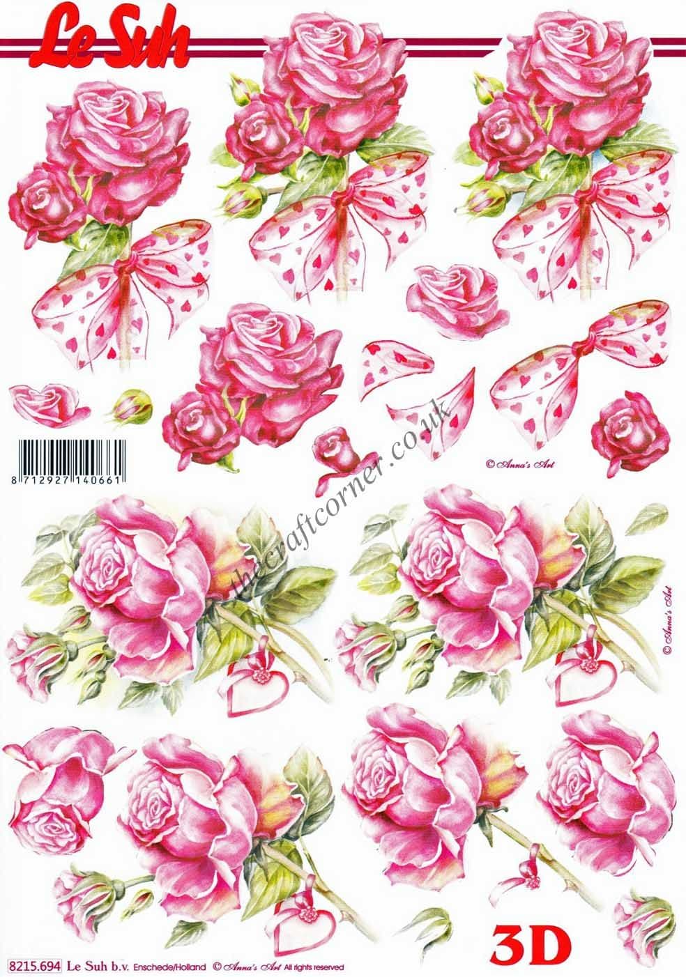 Roses & Love Heart Ribbons 3d Decoupage Craft Sheet