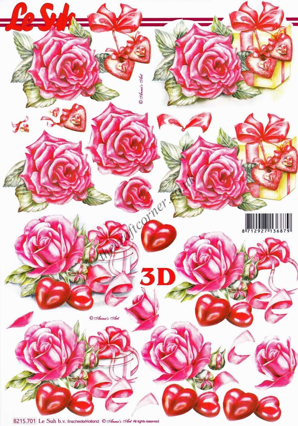 Roses & Love Heart Wrapped Gift Boxes 3d Decoupage Craft Sheet