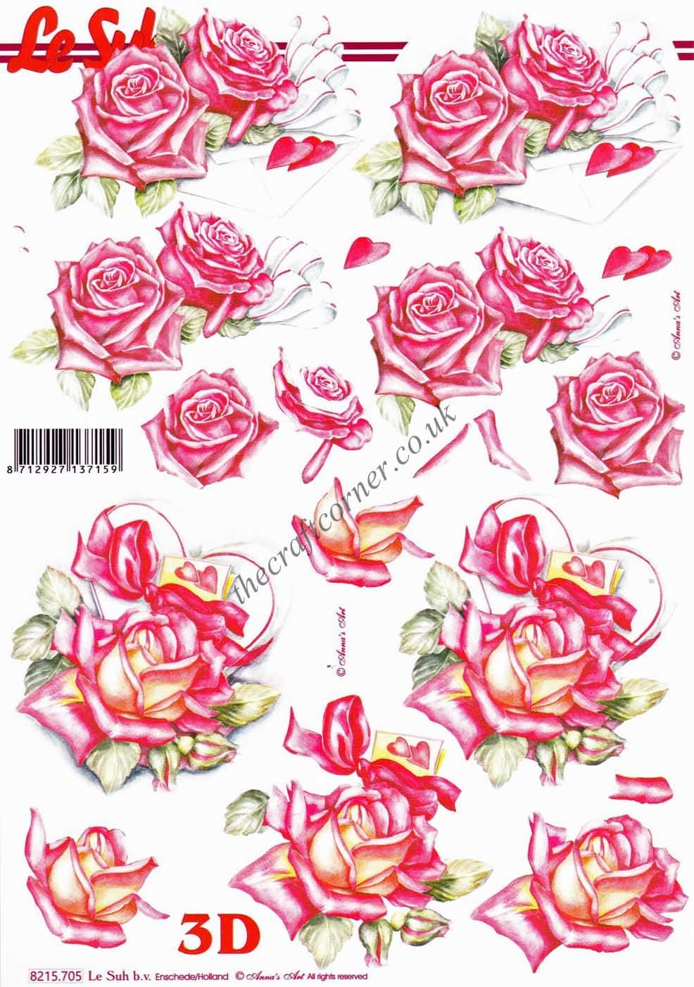 Roses, Love Letters & Hearts 3d Decoupage Craft Sheet