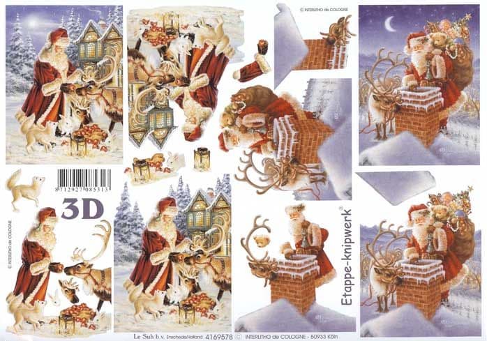 Santa And His Reindeer 3d Decoupage Sheet