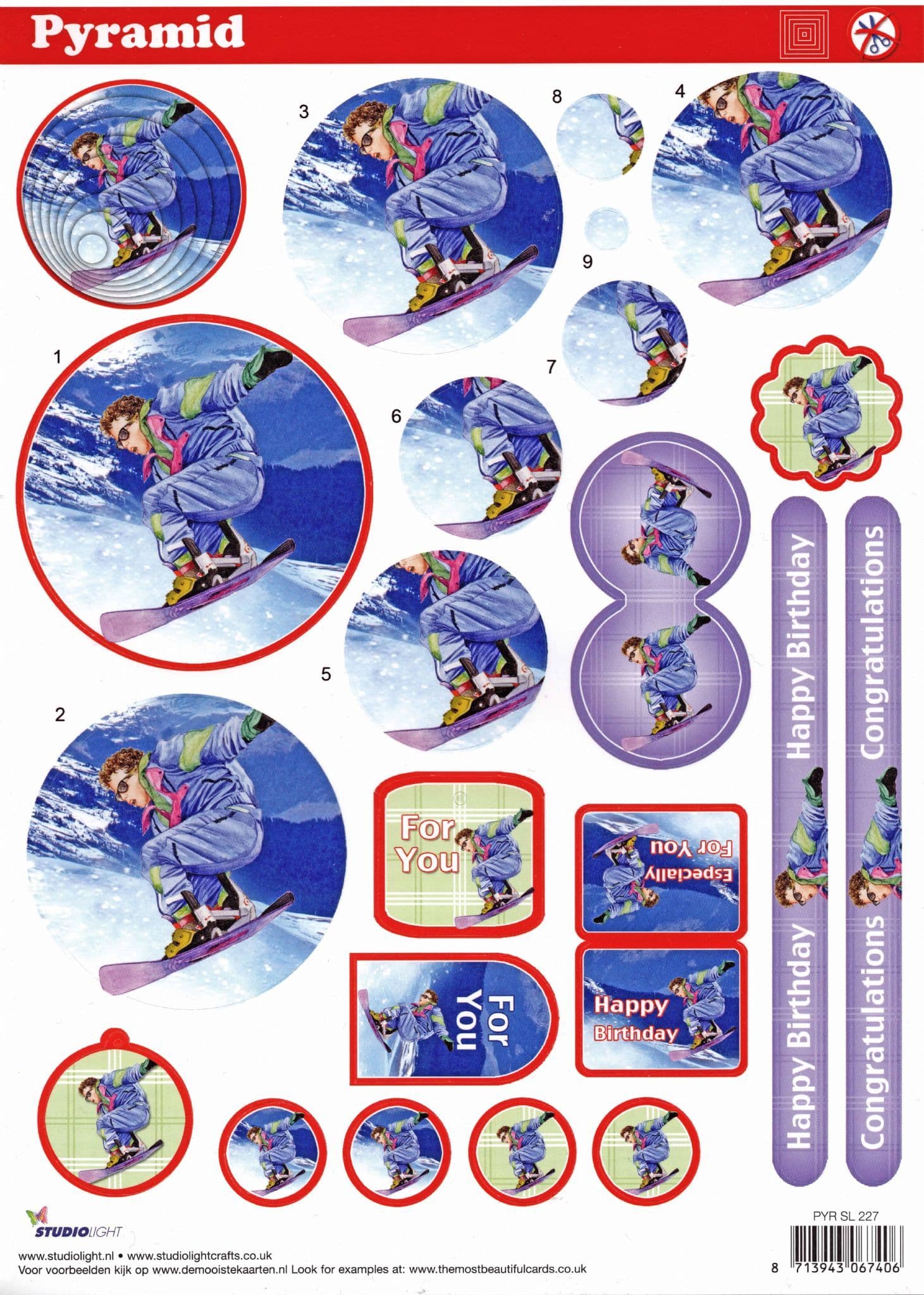 Snowboarding Pyramid 3D decoupage Die Cut Sheet