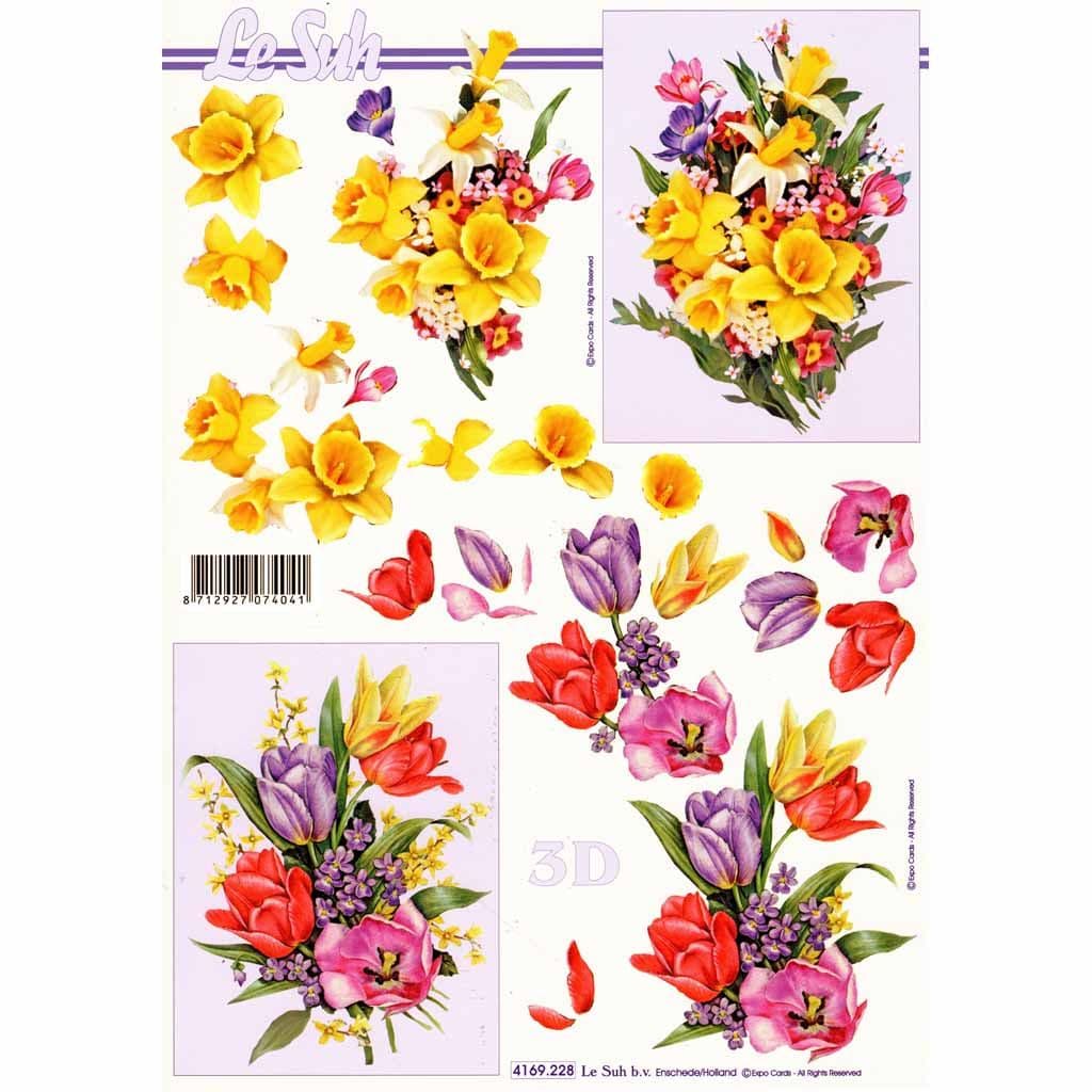 Spring Daffodil & Tulip Flower Bouquets 3d Decoupage Craft Sheet