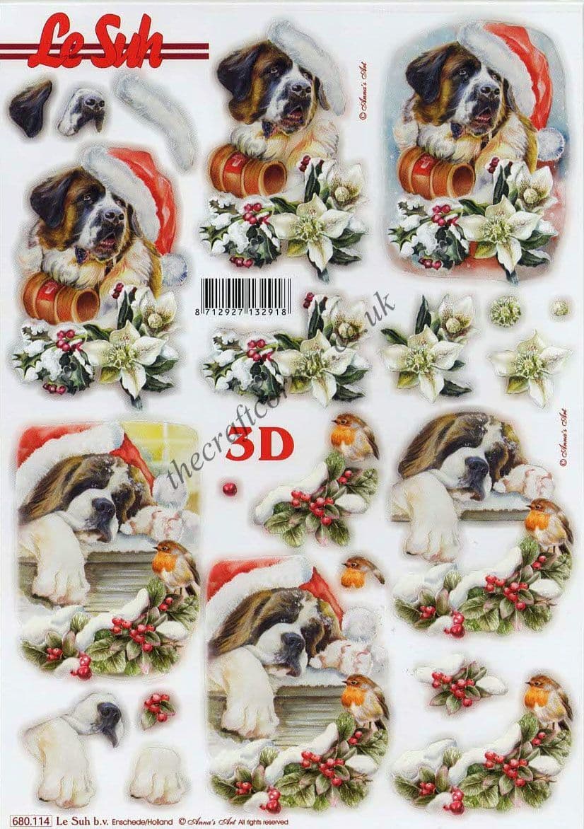 St Bernard Dogs At Christmas Die Cut 3d Decoupage Sheet