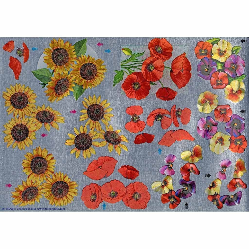 Sunflowers, Poppies & Pansies Flower Dufex 3d Decoupage Sheet